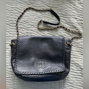 Black leather Tory Burch purse with gold chain strap